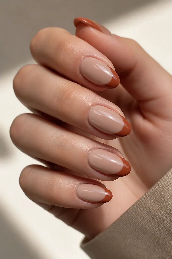 Short almond nails with a creamy latte nude base. The French tips are painted in a terracotta rust color with a clean curved smile line. The rest of the nail is glossy, reflecting light.