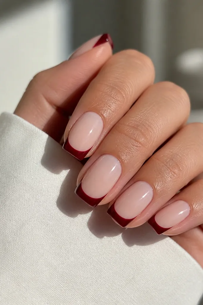 Medium-length squoval nails with a milky nude base. The French tips are deep oxblood red, slightly curved, with a glossy finish and crisp edges.