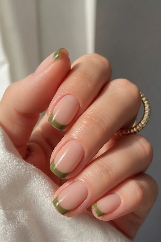 Nails have a translucent nude jelly base with visible natural nail thickness. The French tips are olive green, glossy, with a sharp smile line on each nail.