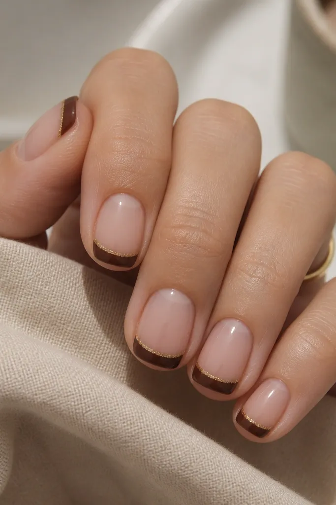 Short square nails with a warm chocolate brown French tip line. The tips have a thin strip of fine gold microglitter only along the very edge, with a glossy top coat.