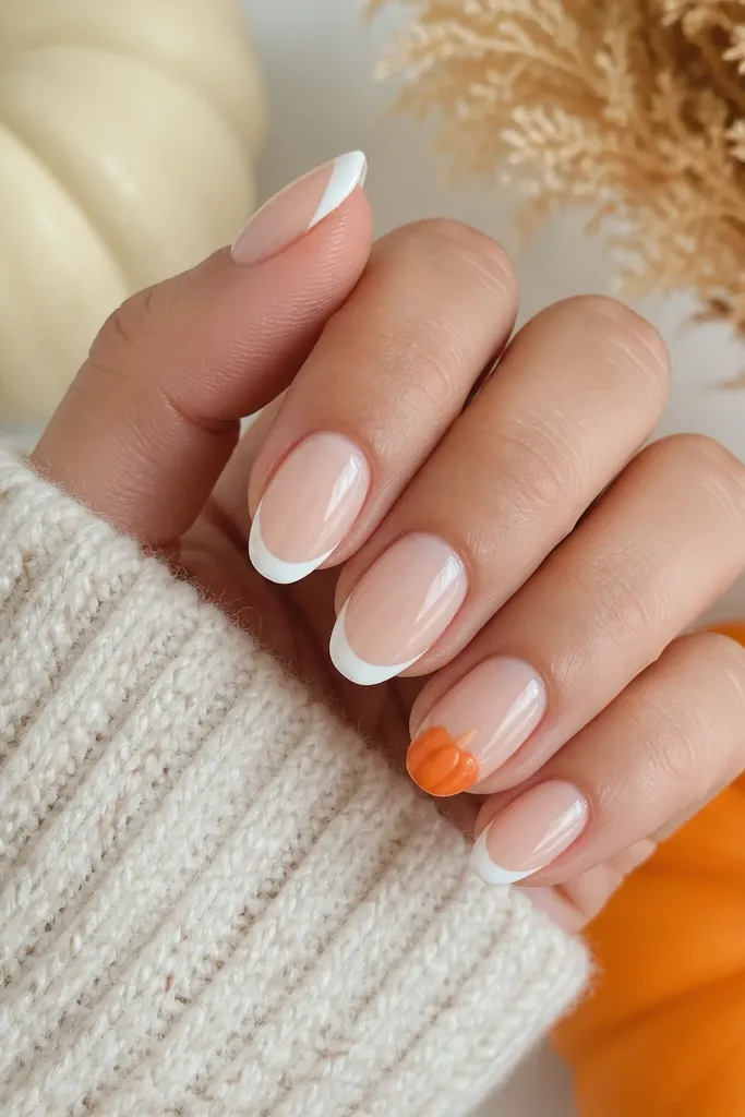 Most nails have a creamy nude base with crisp creamy-white French tips. One accent nail has a pumpkin orange French tip or small pumpkin-like stripe near the cuticle, all glossy.