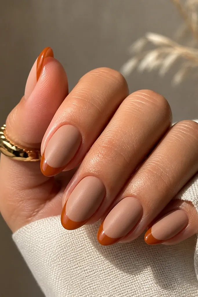 The nails have a matte nude base, like soft velvet. The French tips are glossy burnt orange, with a clean curved line and a noticeable finish contrast.