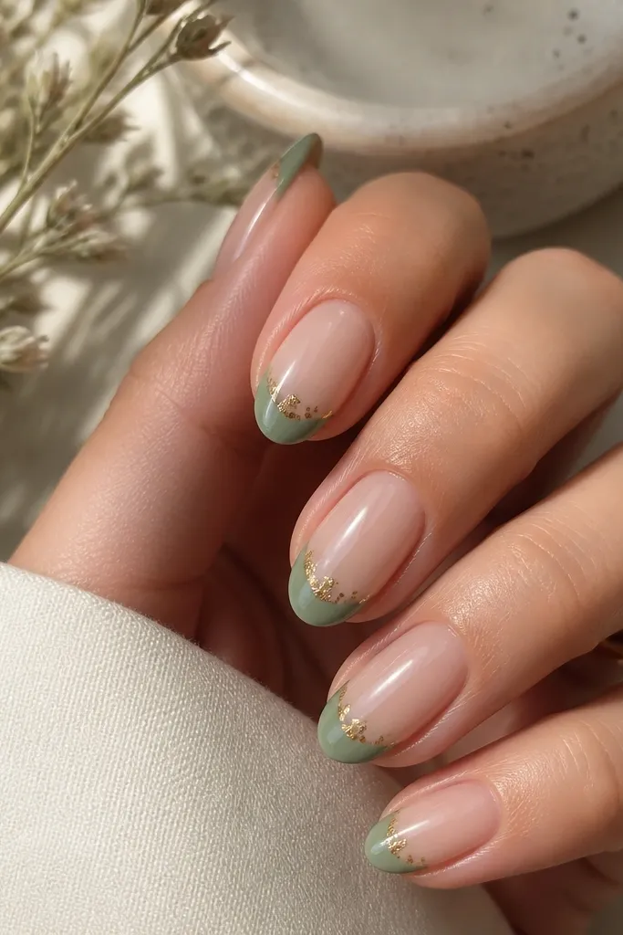 Nails are nude and glossy. The French tips are sage green. Near the outer edge of each tip are one or two tiny gold leaf dots, scattered lightly.
