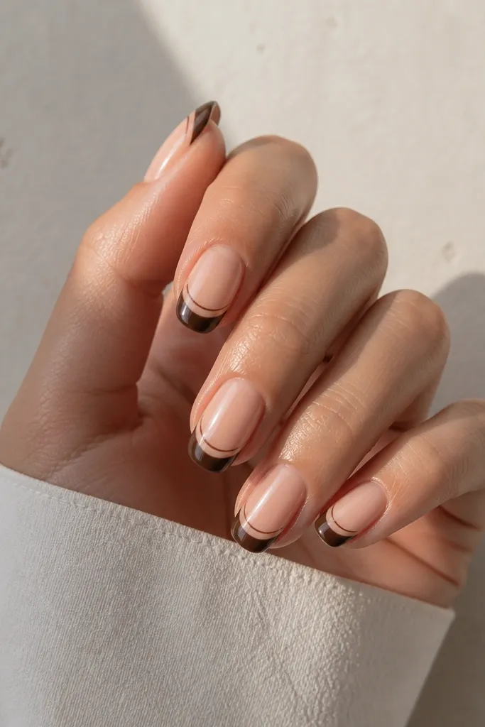 Nails have a clear or sheer nude base. The French tips are blackened brown, but the center of the tip has a thin clear gap, creating negative space like a curved stripe.