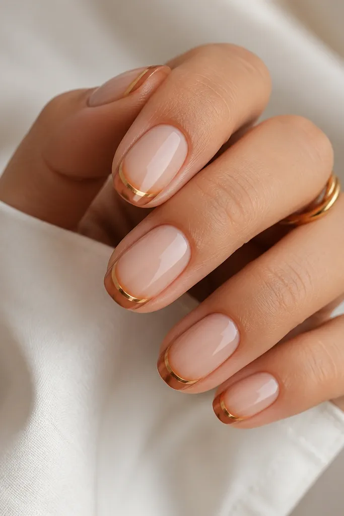 Nails are nude and glossy. A metallic gold French tip is painted across the smile line. Around the gold tip is a thin burnt orange outline, like a double-line effect.