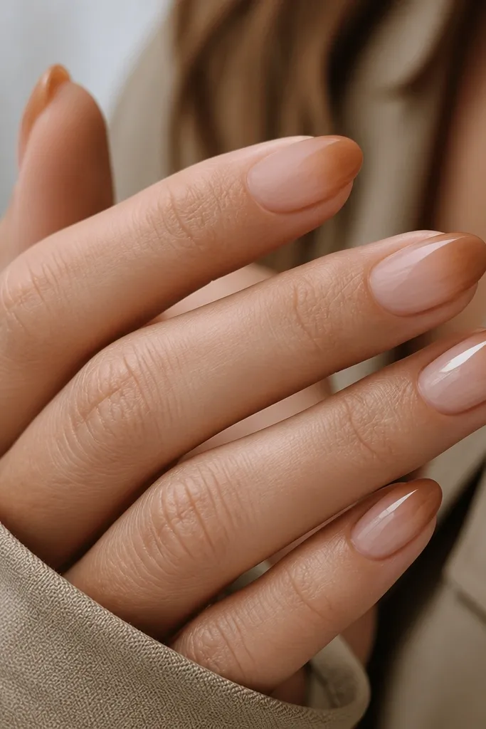 Nails have a nude base fading into caramel at the top portion of the nail. The ombré sits like a French tip, with the strongest color at the tip curve and softer fade toward mid-nail.
