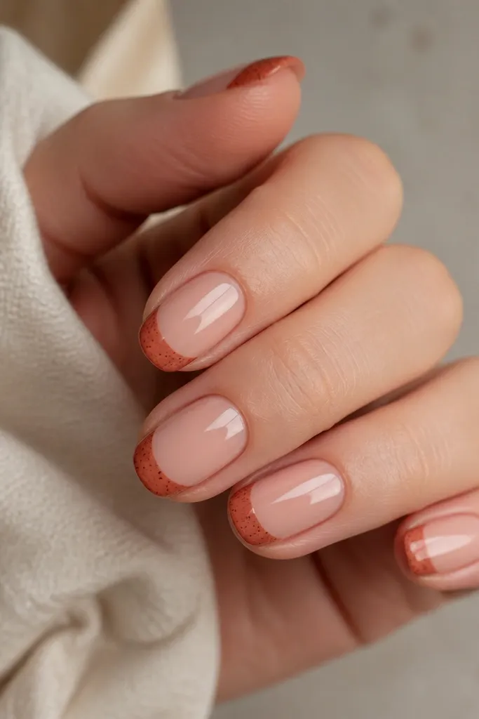 Nails have a nude base. The French tips are terracotta with a speckled pattern - like tiny dots across the tip. The nails are glossy and evenly shaped.