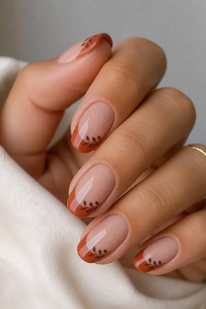 Nails have a glossy nude base. The French tips are burnt orange and glossy. On top of the orange tips, there are tiny matte leaf silhouettes in a darker brown, placed near the outer edge.