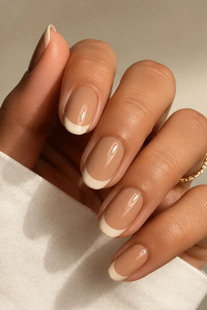 Nails have a warm camel nude base. The French tips are a soft oat-milk beige, creamy and opaque. The overall look is glossy and minimal.