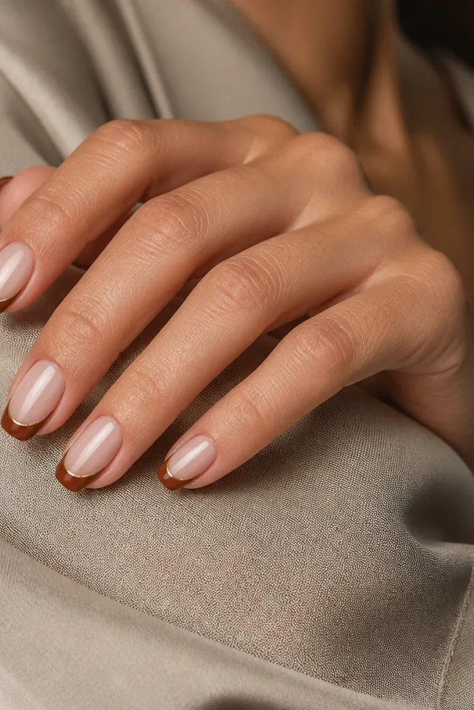 Nails have a nude base. The French tips are spiced cognac brown, and there is a thin clear outline at the very edge of the tip, creating a framed look.