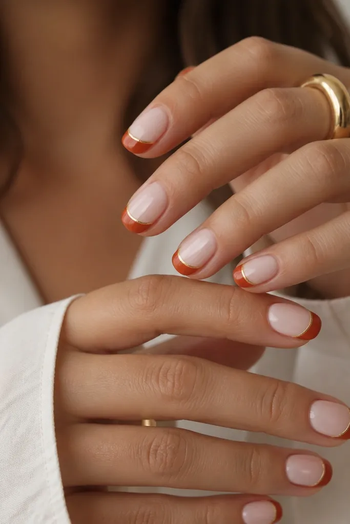 Nails have a nude base. The French tips are rust orange with a super clean smile line. A thin gold stripe runs parallel to the smile curve, like a metallic accent.
