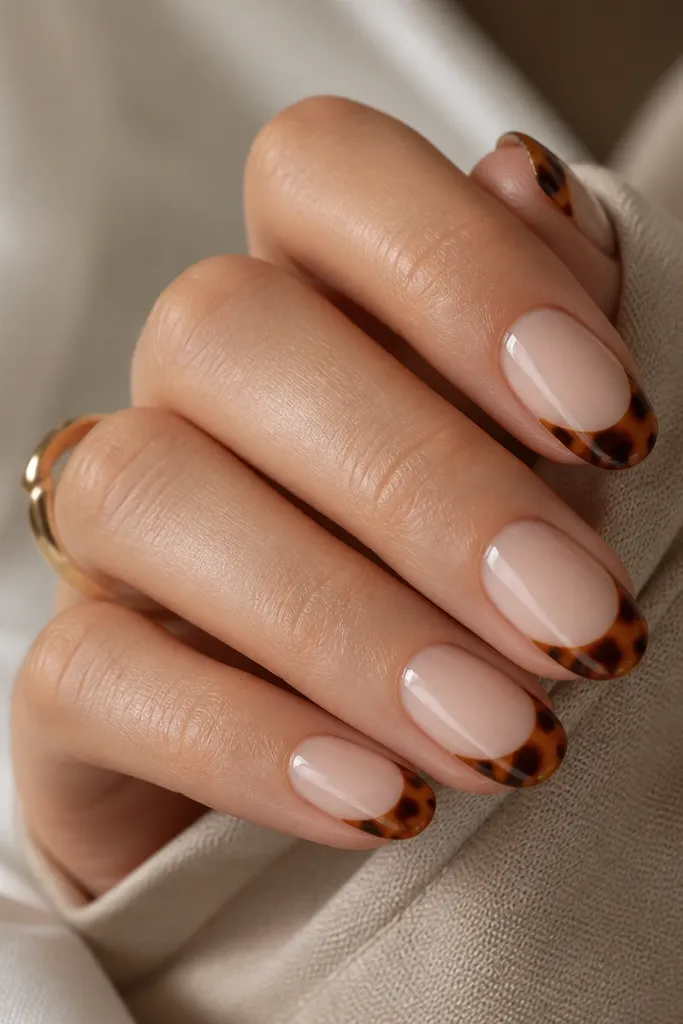 Nails have a nude base. The French tips are painted with tortoiseshell patterns - swirling amber, umber, and caramel shapes. The tips are glossy and the pattern stays within the French area.