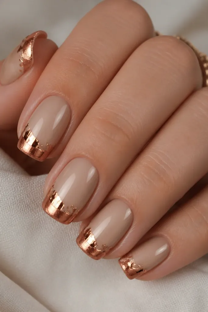 Nails have a satin beige base with a soft sheen. The French tips are copper metallic with irregular copper foil bits layered on top. The set looks glossy where foil is sealed.