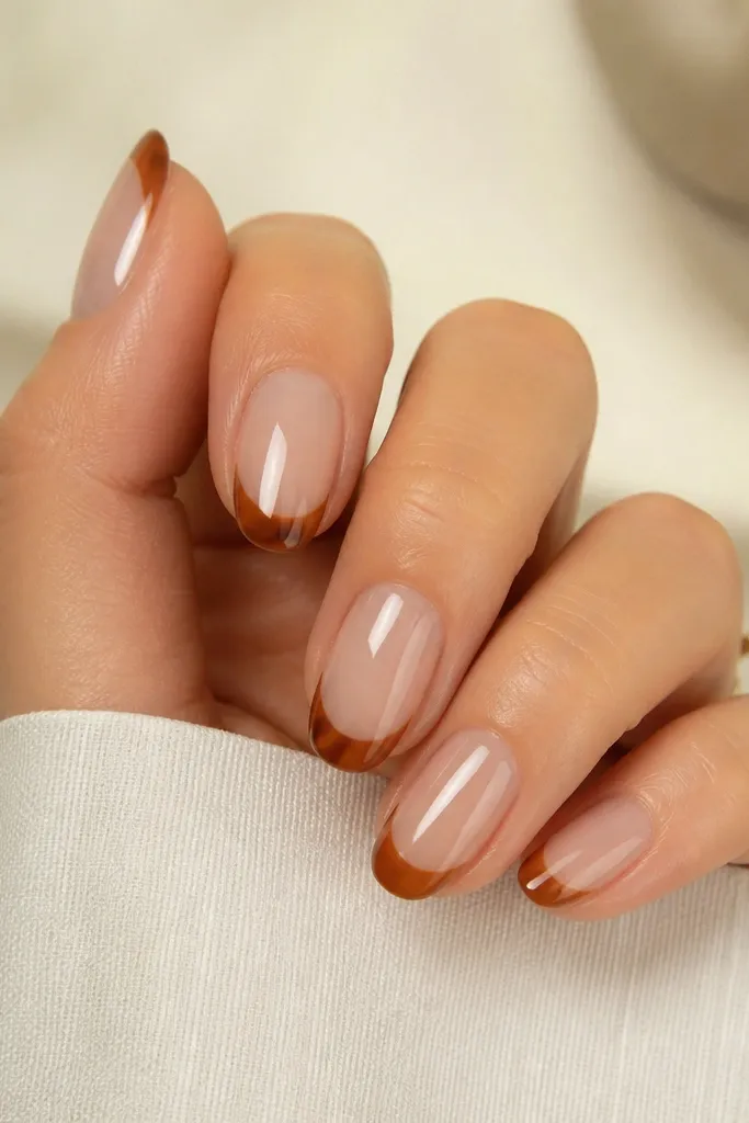 Nails have a clear jelly base with a glossy look. The French tips are a warm brown that looks slightly translucent, like brown sugar syrup. The smile line is neat and glossy.