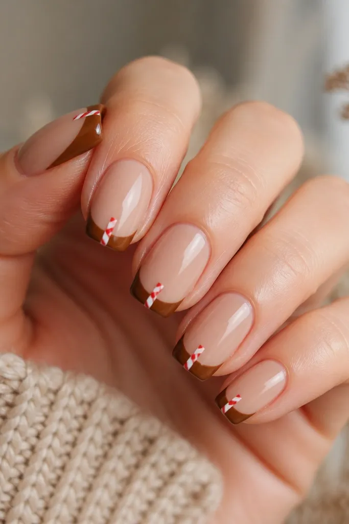 Nails have a warm nude base. The French tips are gingerbread brown with a tiny candy-cane stripe in white and red running vertically near the center of the tip. Glossy finish.