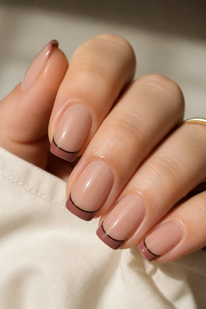 Nails have a nude base. The French tips are vintage rose pink-brown. Around the tip edge is a thin chocolate outline line, sharply defined. Glossy top coat.