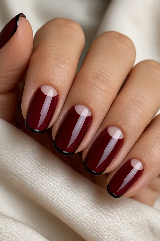 Five nails shown: deep oxblood red base with clean half-moon cutouts near the cuticle; a thin black line forms a micro French tip at the very edge. One accent nail has the half-moon slightly larger. Glossy finish throughout.