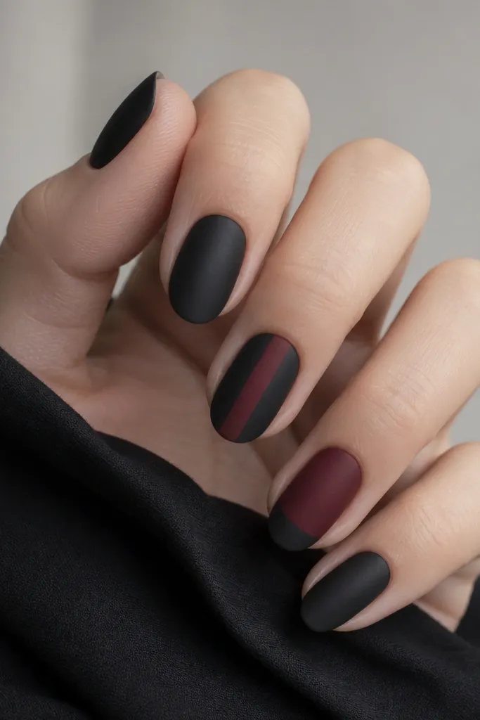 A hand with five different nail treatments: three nails are matte black, one nail is matte black with a vertical oxblood stripe centered, and the remaining nail is mostly oxblood with a matte black cap at the tip. The finish is clearly matte with no shine.
