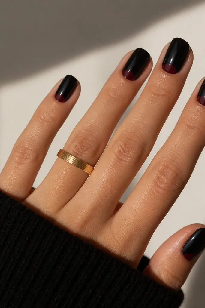 Nails are mostly glossy black. Near the cuticle, an oxblood reverse French arc creates a clean crescent. The arc is crisp and centered on each nail.