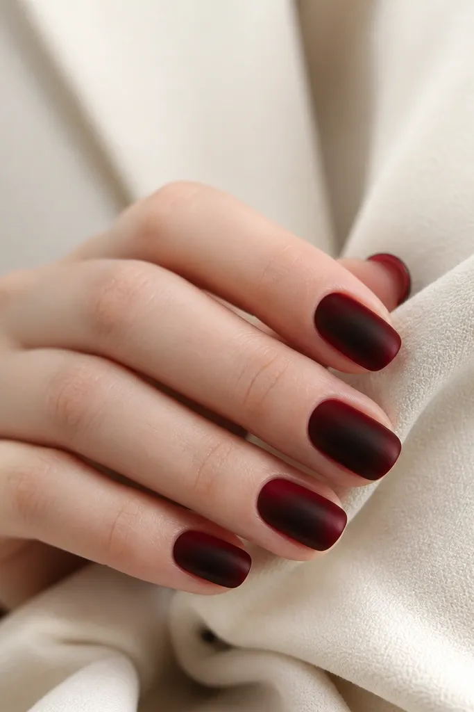 A deep oxblood base with a velvety, slightly soft finish. Around the center of each nail, a black aura effect radiates outward like a smoky halo, with smooth edges.