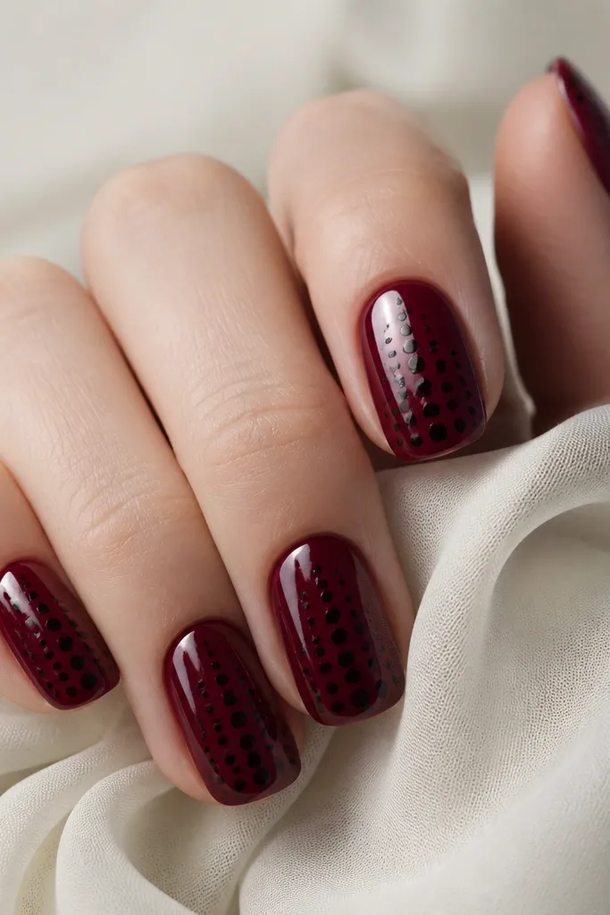 Deep oxblood glossy nails with a black dot pattern. The dots form a grid-like layout across the middle and lower half of each nail, with varied dot sizes for a hand-drawn look.