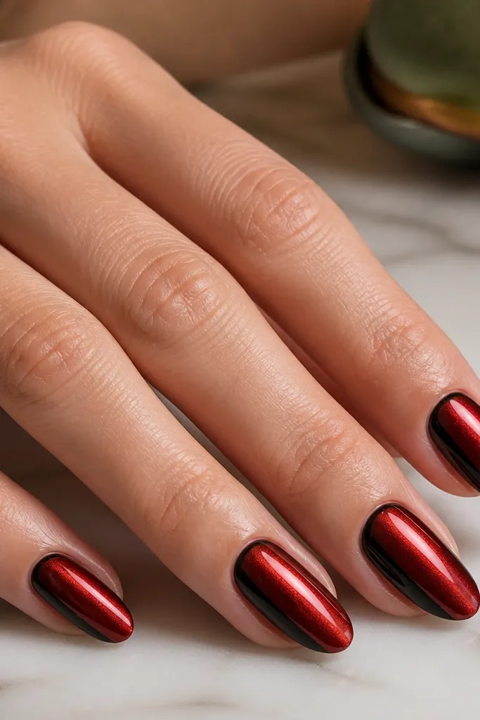 Magnetic cat-eye polish creates a bright ribbon of red down the center of each nail. A thin black line runs along one side edge (near the cuticle to the tip), like an eyeliner stroke. Glossy finish.