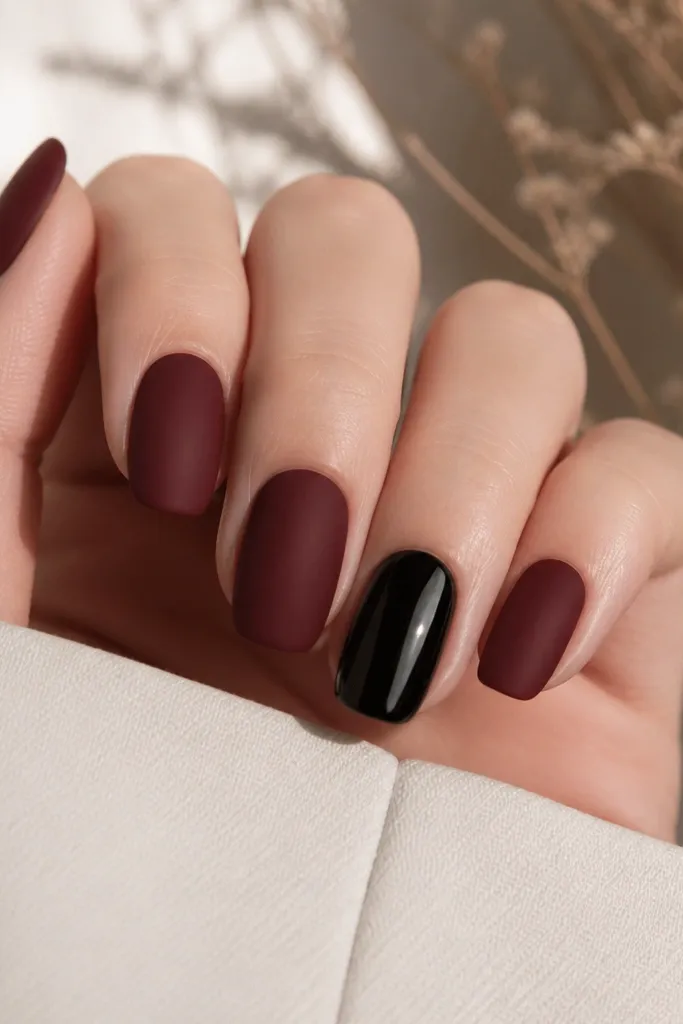 Four nails are matte oxblood, one nail is glossy black. The matte nails have no shine; the glossy black accent nail reflects light sharply.