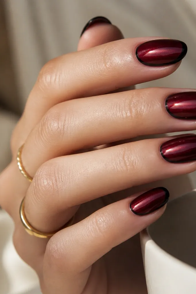 A mirror-leaning oxblood chrome base on most nails. Each nail has a black outline French tip - a thin black line at the edge, with the chrome stopping right before it. High shine throughout.