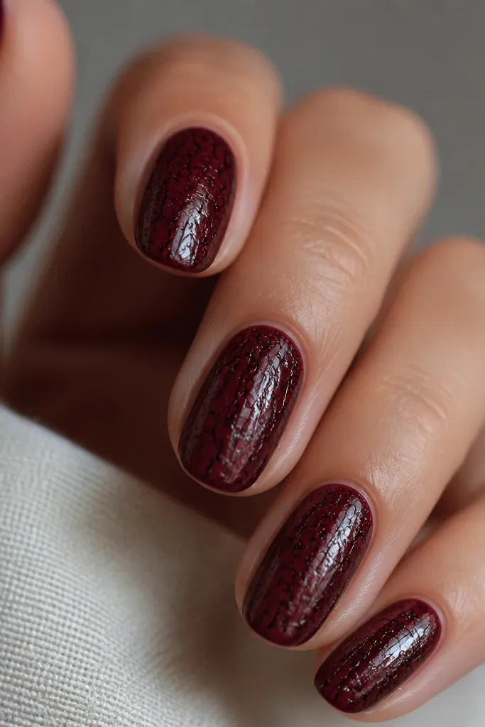 Glossy oxblood nails with black crackle lines spreading like broken glass across each nail. The cracks are fine and dense, giving a textured moody look.