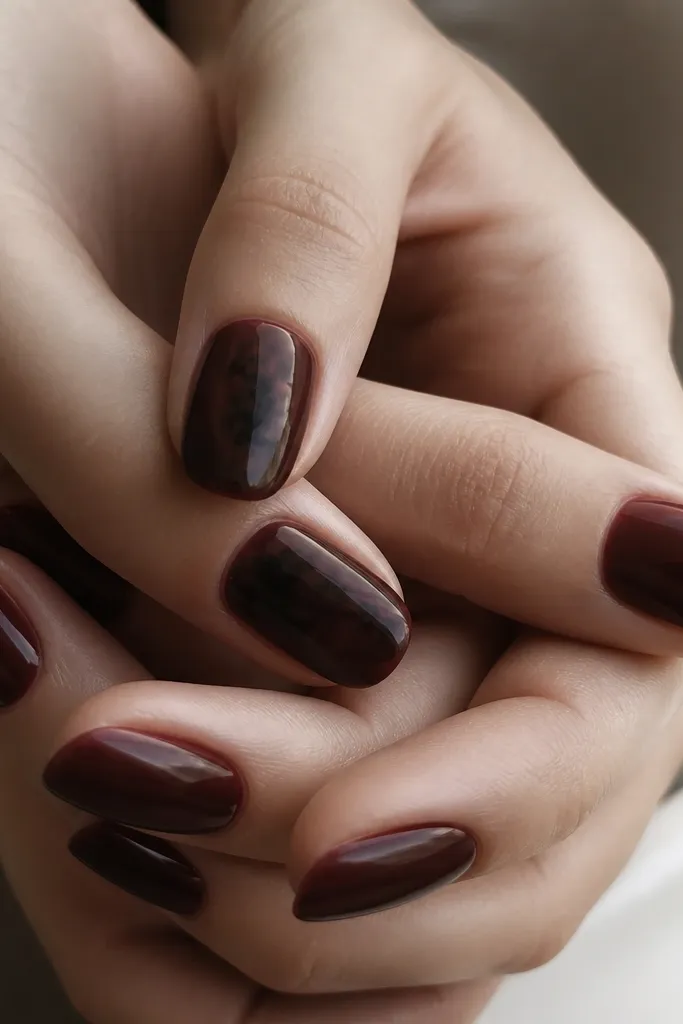 Most nails are glossy oxblood. One or two nails have black ink-blot shapes near the center, with soft feathered edges like spilled ink. The blot looks smoky, not sharp.