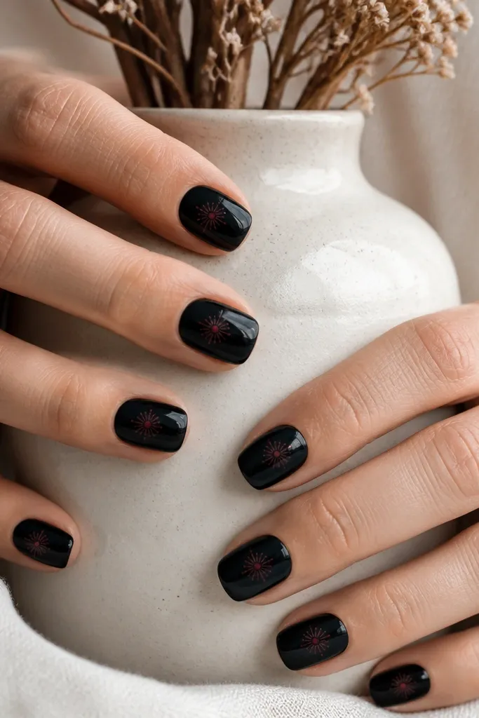 Nails are glossy black. In the center of each nail, there is an oxblood dot with a tiny mandala pattern made from small oxblood dots and short lines radiating outward. The pattern is fine and centered.
