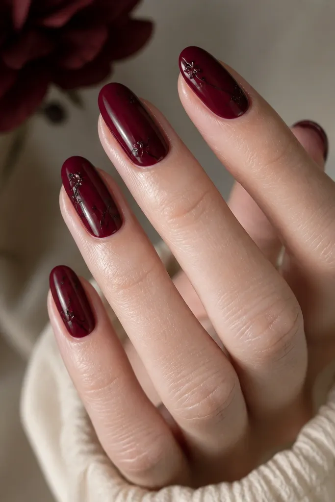 Oxblood nails with small black stems and tiny oxblood bloom flowers. The flowers sit near the cuticle and mid-nail, with black lines connecting them. Glossy finish.