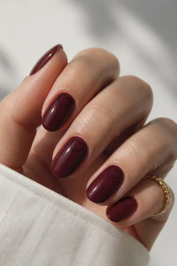 Glossy oxblood nails with simple black outlined hearts. The hearts are small and placed near the cuticle or along one side. The hearts are line-only, no fill. Clean and minimal.