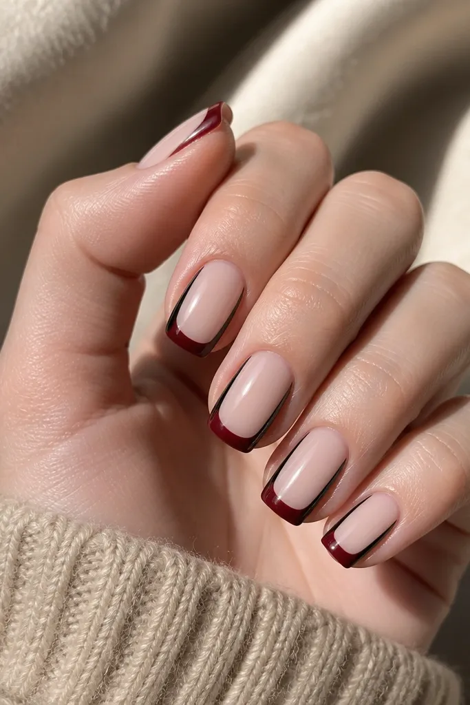 Nails have a classic French tip, but the tips are oxblood and the sidewalls are painted black along the left and right edges. The center of the nail is a sheer nude or clear base with glossy finish.