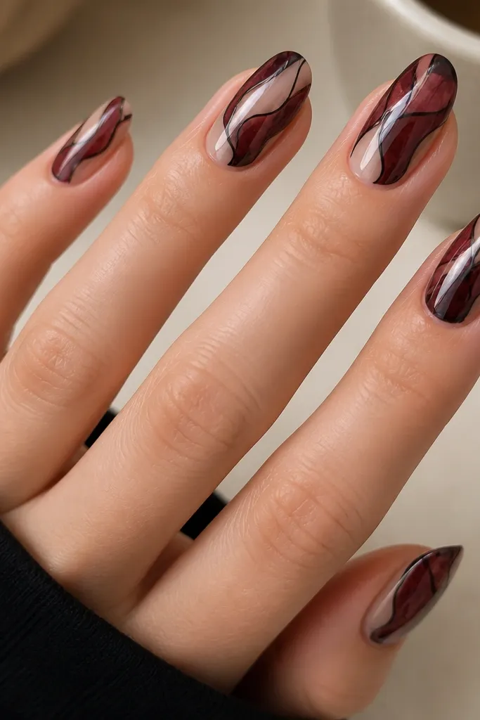Nails show oxblood marble streaks outlined with thin black lines. There are also clear negative lines running vertically, like cracks in stained glass. Glossy finish.