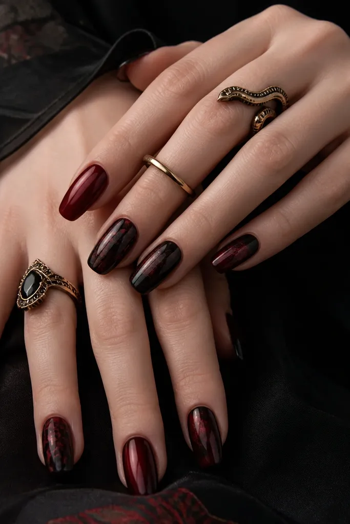 25 Dark Red And Black Nails aesthetic