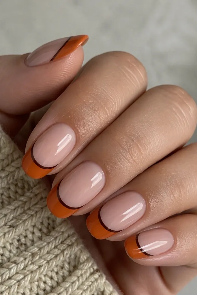 Close-up of a hand with medium oval nails. The base is sheer nude, then a wide French tip in opaque pumpkin orange. Along both side edges of the tip, there are thin cocoa-brown stripes that stop just before the corners. The top coat is glossy and reflects light cleanly.
