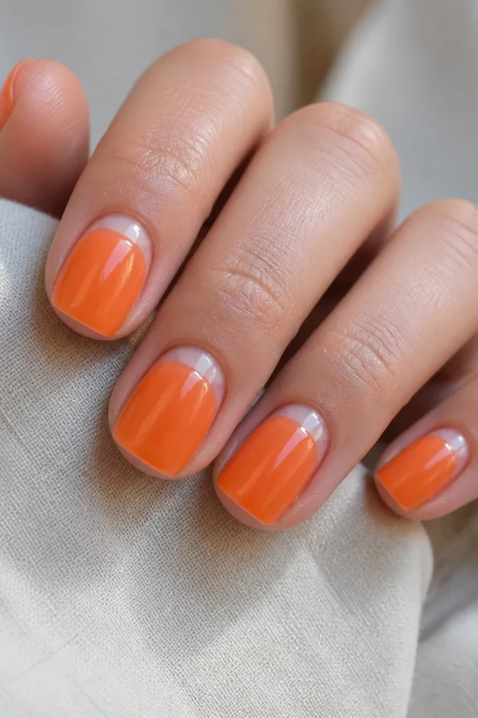 A set of short square nails. The nails are coated with a semi-sheer tangerine jelly that glows. At the cuticle area, half-moon shapes are left clear, showing the natural nail. The finish is very glossy, with crisp cuticle edges.