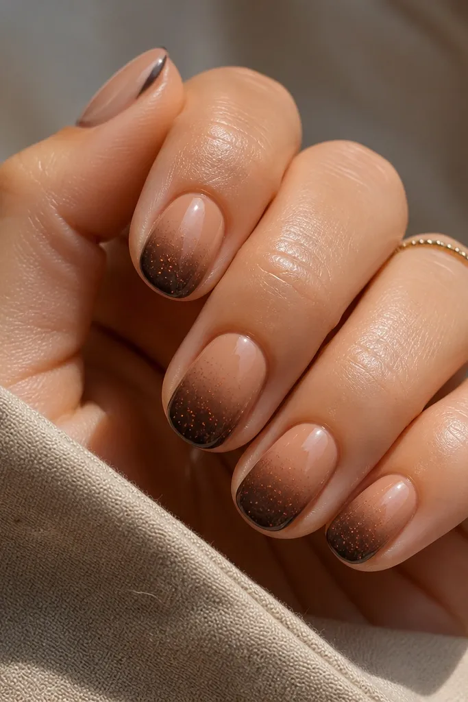 Short rounded nails with a gradient fade. The base starts nude, then fades into espresso brown at the tips with dense speckles in orange throughout. The speckles are fine and scattered, and the top coat is glossy.