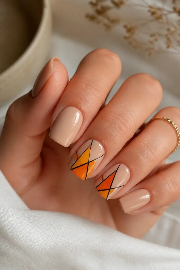 Medium square nails. Most nails are solid warm nude. Two accent nails have sharp triangular slices in tangerine orange and a lighter yellow-orange, outlined with thin black lines like stained glass. The rest of the nails are glossy and clean.