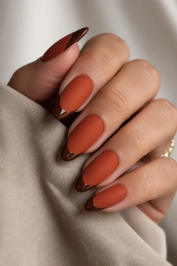 Long almond nails. Most of the nail is burnt orange with a matte, velvety finish. The tips have a glossy cocoa-brown French line that looks like a shiny border. The matte area has a soft, non-reflective look.