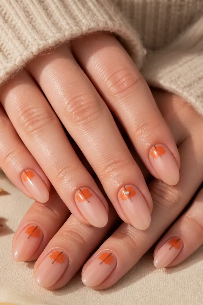 Medium oval nails on a nude base. Each nail has a single orange leaf silhouette near the cuticle, with a tiny brown stem line. One ring finger has a small rhinestone at the center of the leaf. Everything is glossy.