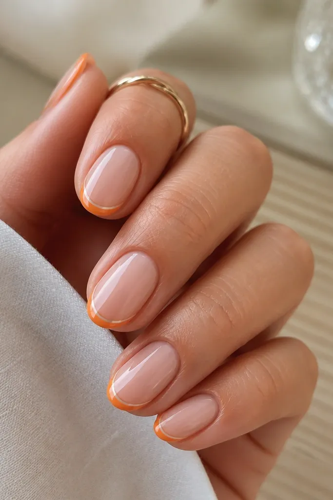 Short almond nails. A thin orange French line sits at the tip over a nude base. Inside the orange line, there is a super thin taupe micro-stripe that runs parallel. Glossy top coat makes the lines crisp.