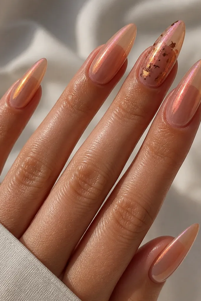 Long almond nails. The base is nude with an orange chrome dust effect that shifts from gold-orange to copper under light. Two nails have small irregular brown foil flakes layered near the center. Super glossy top coat.