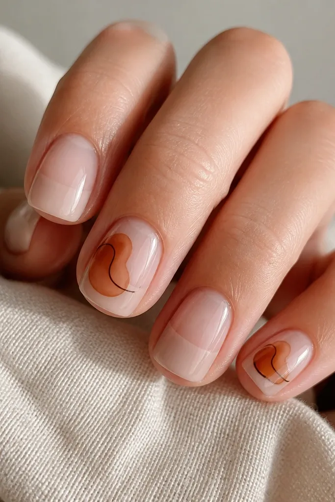 Short square nails. Most nails are half-sheer nude with the top half more opaque and the bottom half translucent. One or two nails have a pumpkin orange swirl near the center with a thin brown outline. Glossy finish.