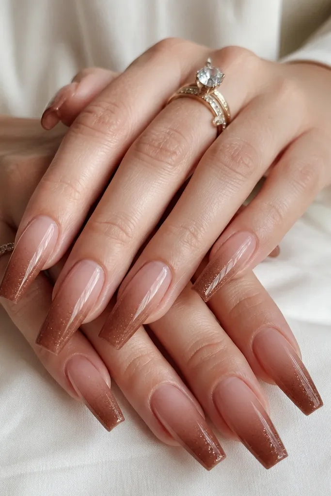 Long coffin nails with a cinnamon-brown to nude ombre. Only the very tips have fine micro glitter that looks like dust. The glitter is concentrated at the edge, with a smooth fade upward.