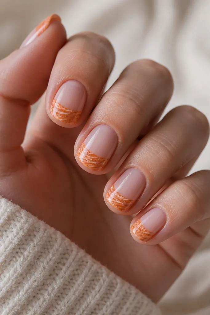 Short rounded nails. The base is nude and glossy. Only the tips have pumpkin orange marble with thin white streaks and tiny brown flecks. The marble sits about the top third of each nail.