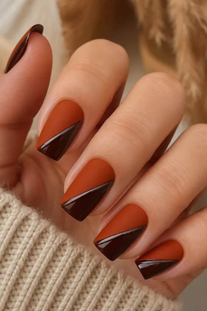 Medium square nails with a diagonal split. One half is burnt orange matte, the other half is deep brown glossy. A thin glossy border separates the two halves. Clean diagonal line, no smudging.