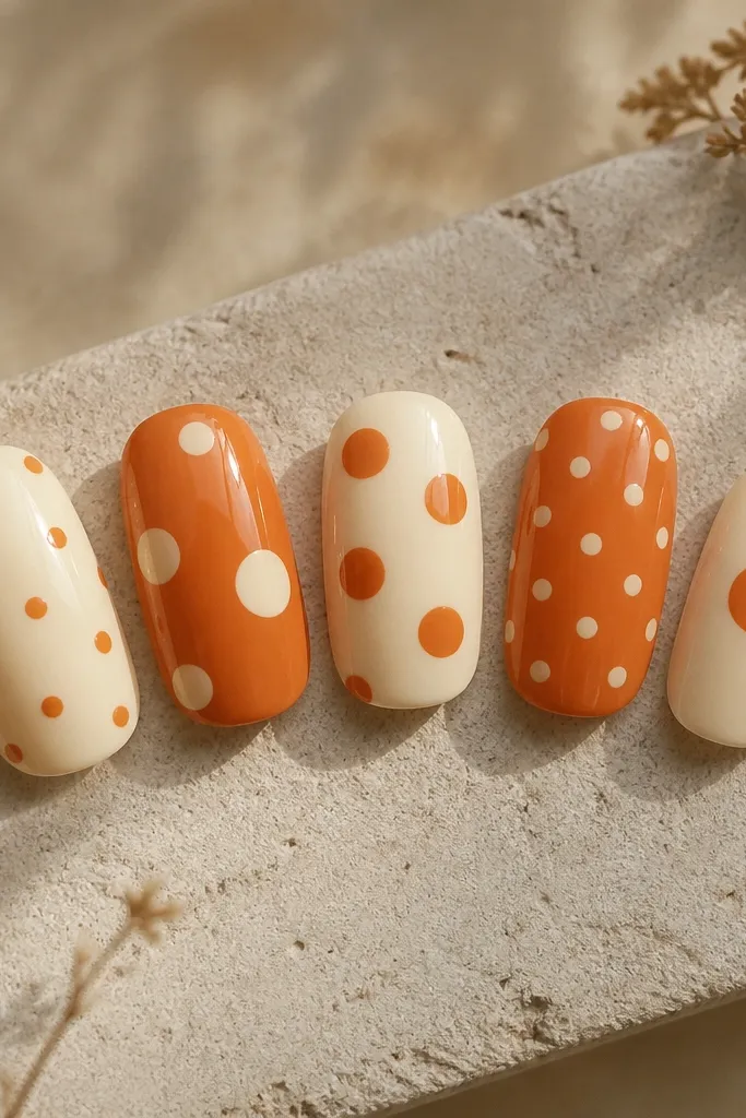 A five-nail set where each nail is a different polka dot layout. Some nails are cream with orange dots, others are orange with cream dots. The dots vary in size, and the nails are glossy. The overall look is playful but still fall-coded.