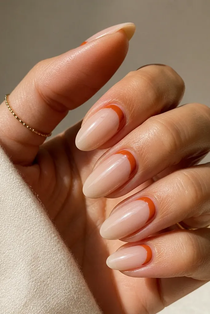 Medium almond nails with clear negative space at the cuticle. A burnt orange "cuff" curve sits just below the cuticle line on each nail, like a thin crescent. The rest of the nail is sheer nude and glossy.